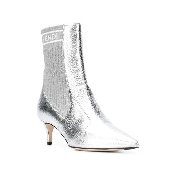 Fendi Rockoko Silver Scuba Stretch FF Logo Knit Sock Ankle Kitten Heel Boot 37.5 - Picture 2 of 12
